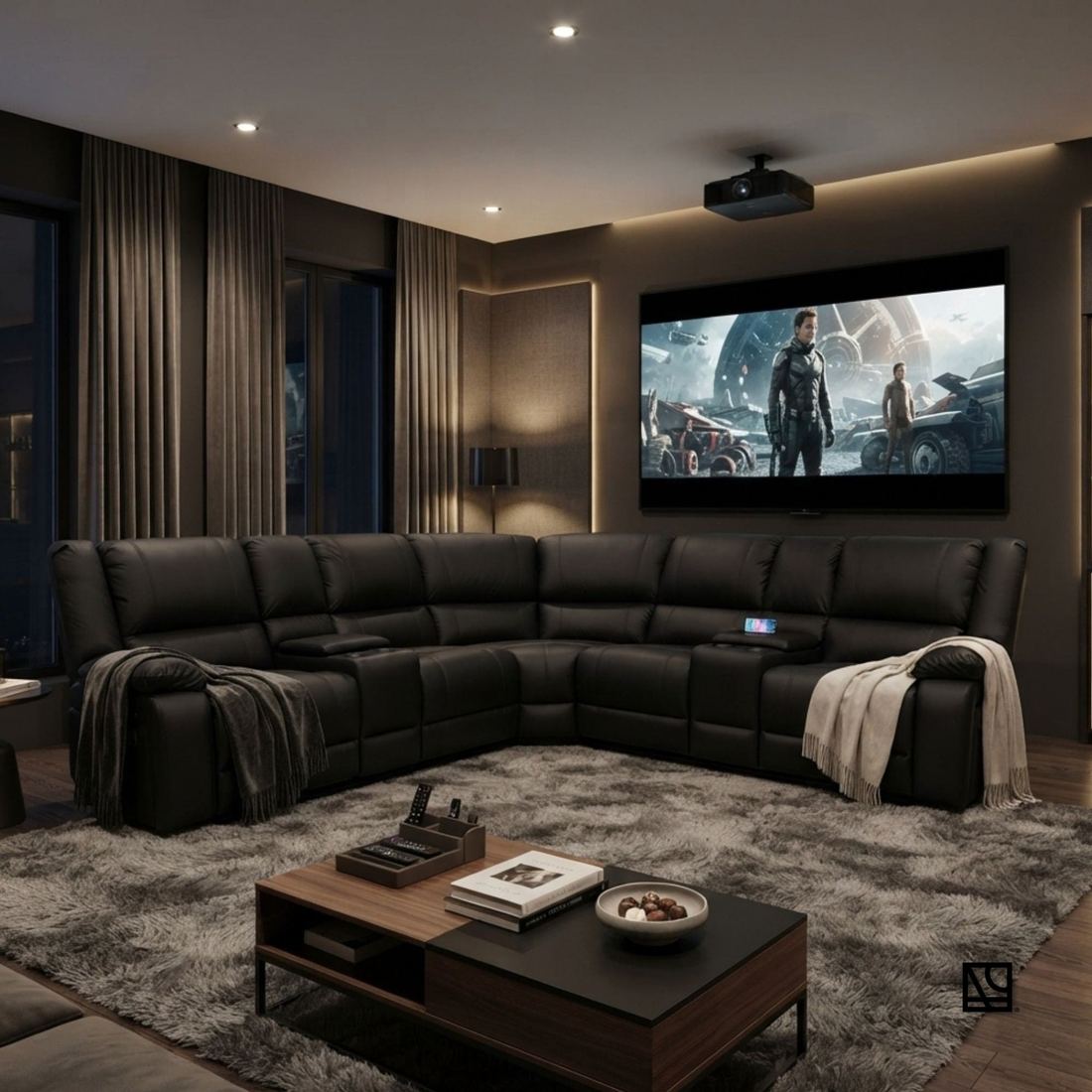 The same reclining sofa in a lifestyle photo, squared and branded