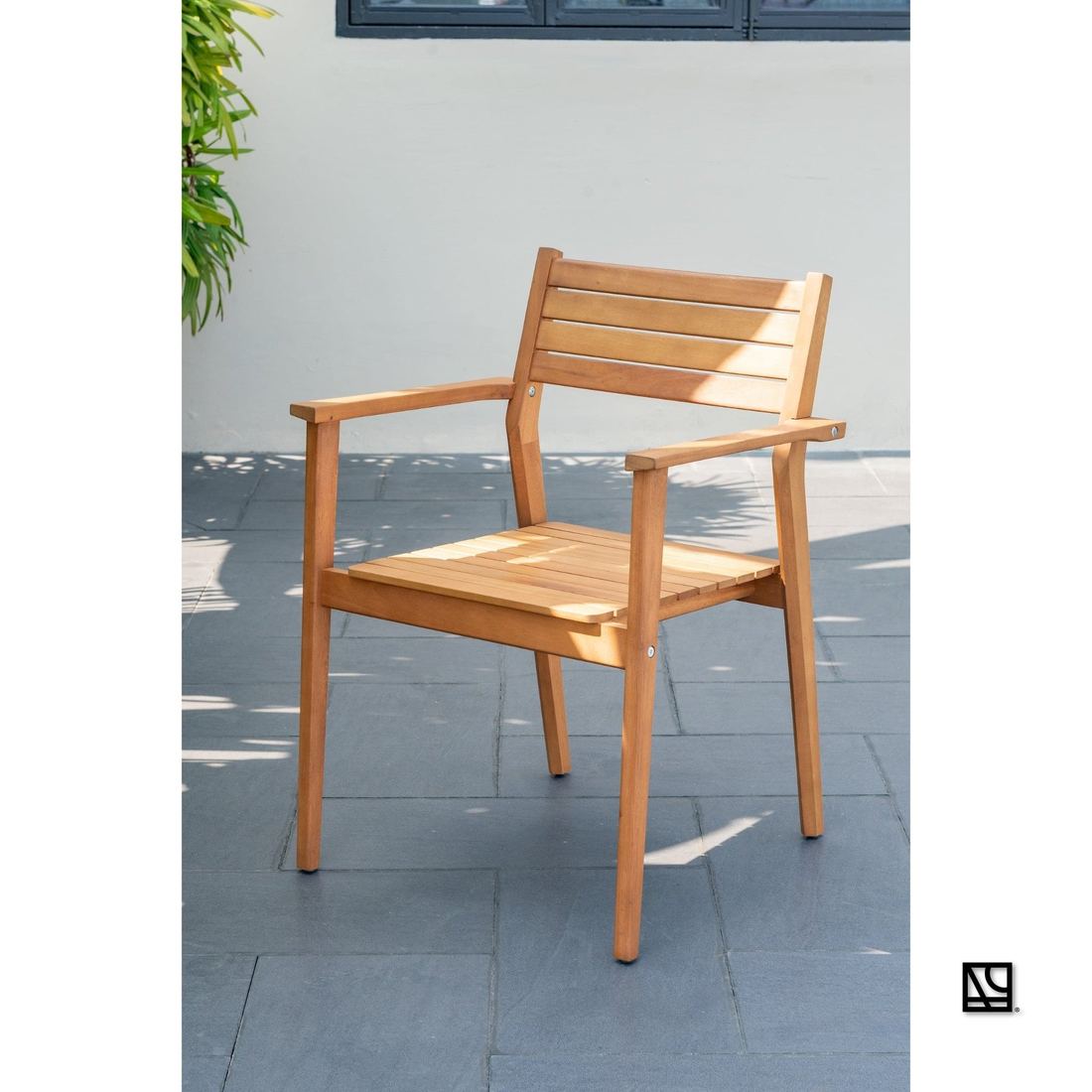 The same Woda chairs in a lifestyle photo, squared and branded